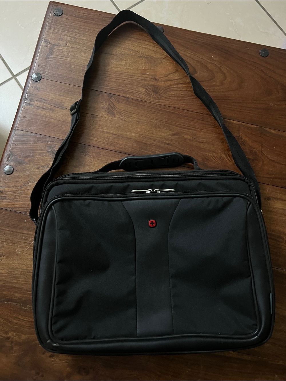 SwissGear Black Laptop Messenger Bag with Red Logo Accent